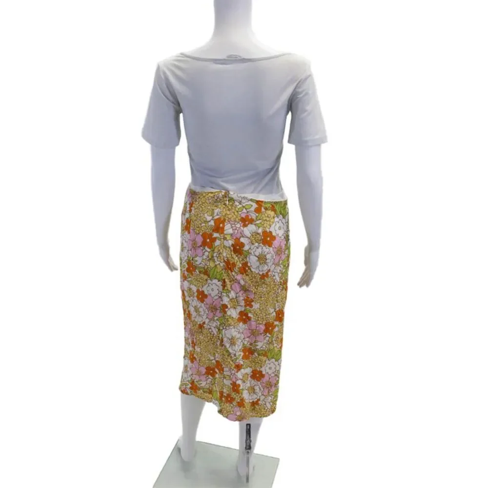 Rahi Womens Floral Print High Slit Lined Zip Back Midi Skirt Orange Combo Size S